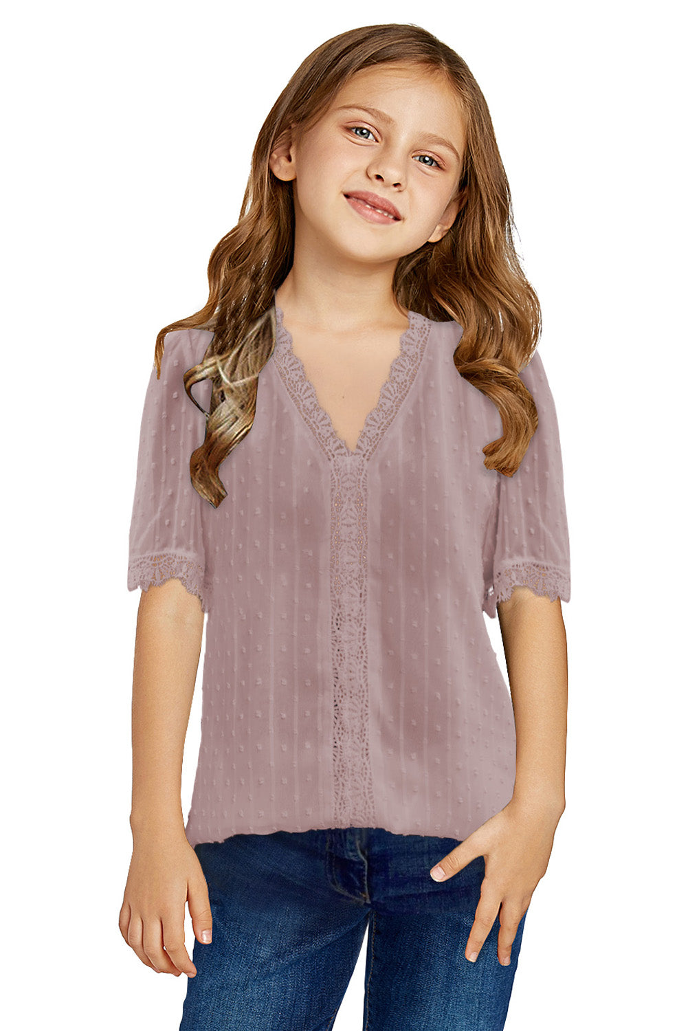 Swiss Dot Lace Short Sleeve Girls Top