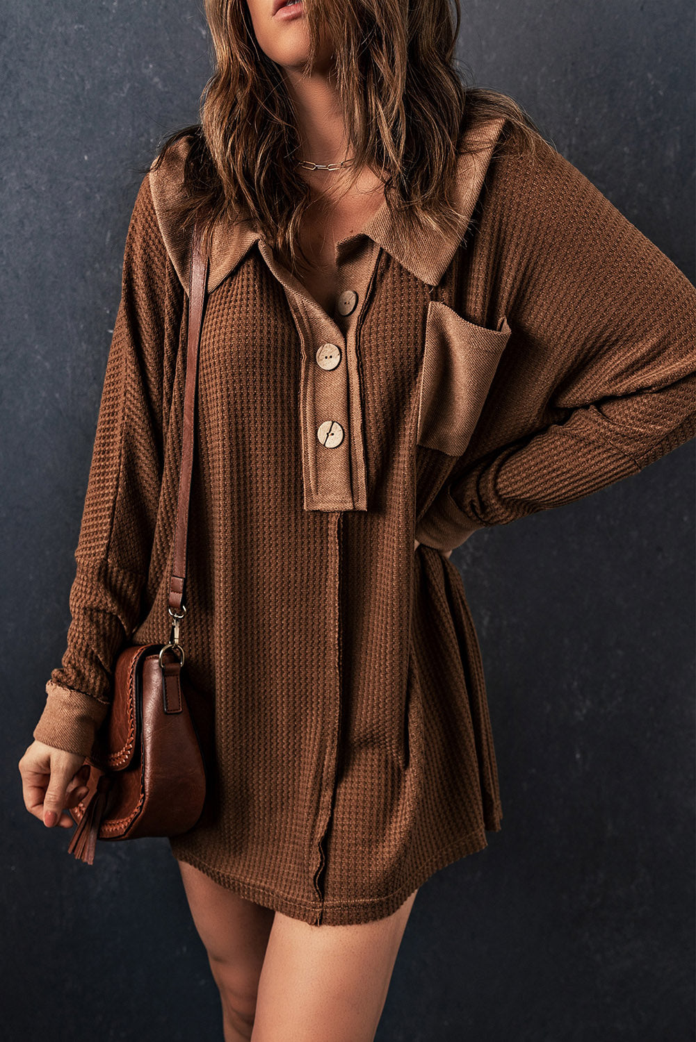 Waffle Knit Buttoned Long Sleeve Top