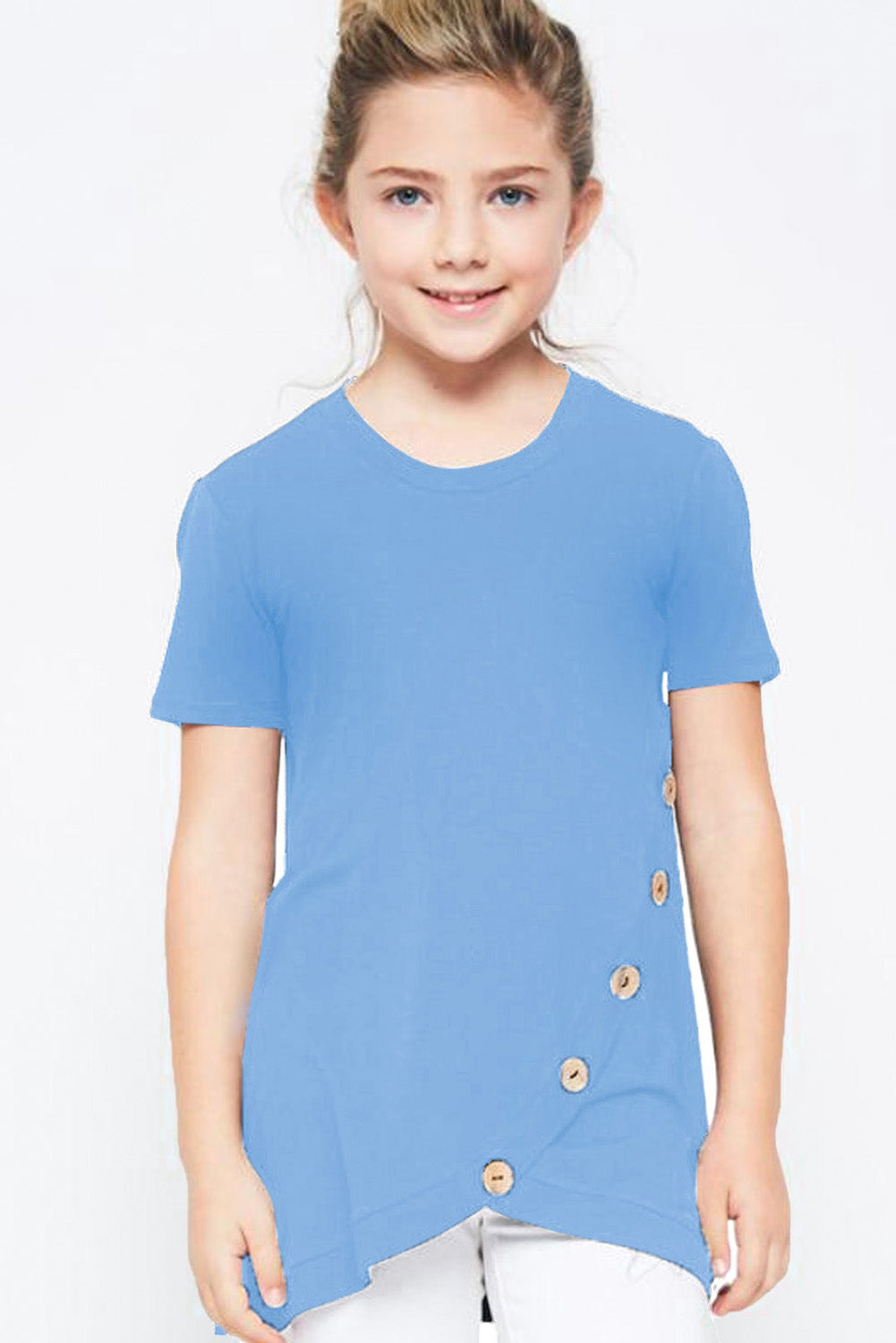 Rosy Buttoned Arched Hem Girls T-shirt