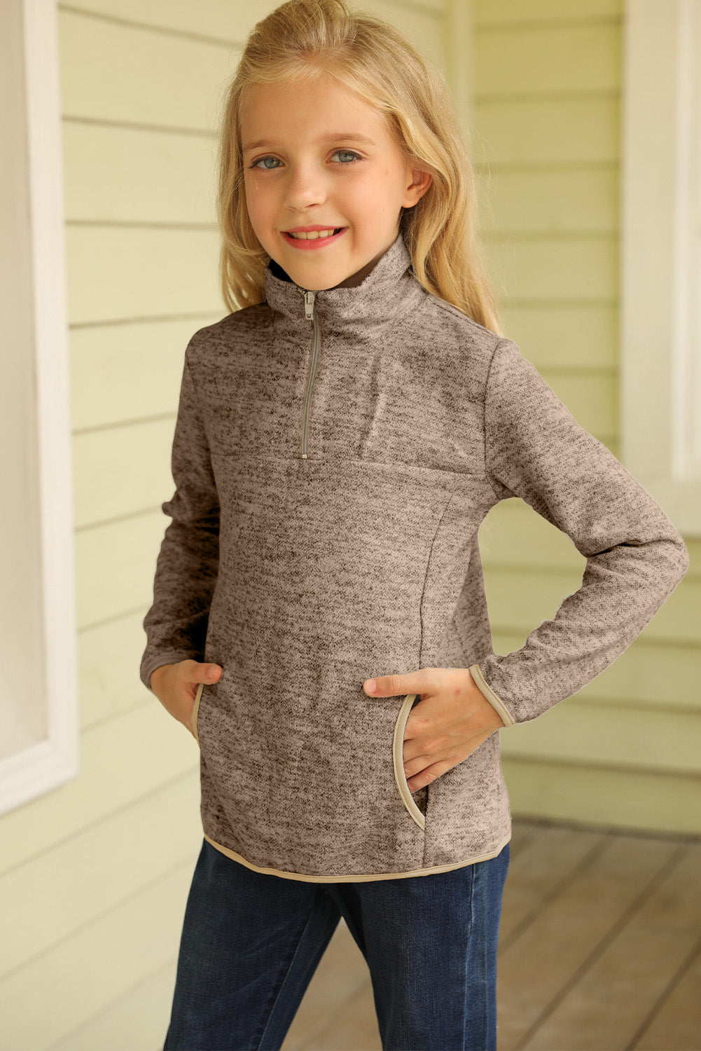 Khaki 1/4 Zipped Collar Toddlers Sweatshirt with Pocket