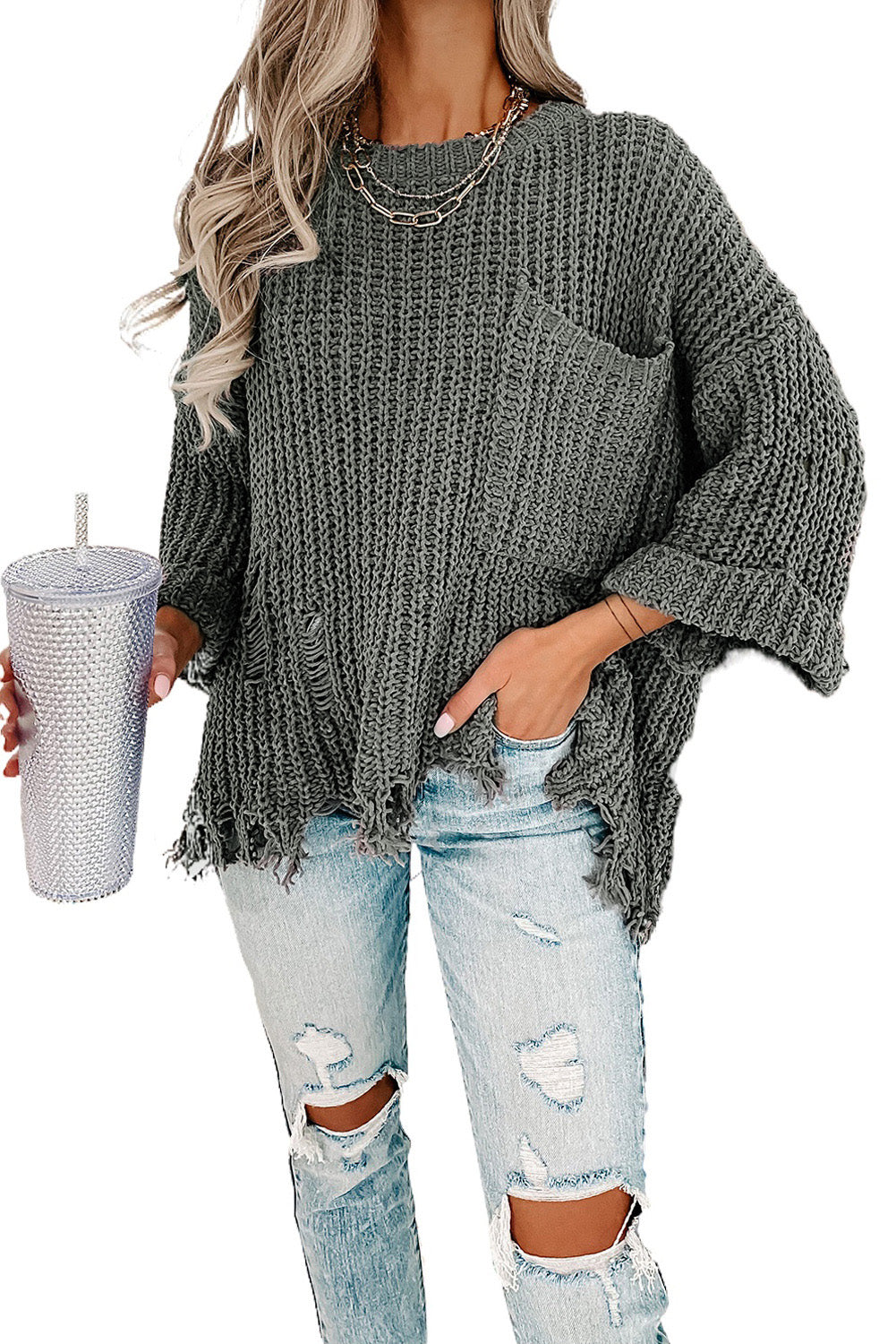 Ripped Raw Hem Chunky Pullover Sweater