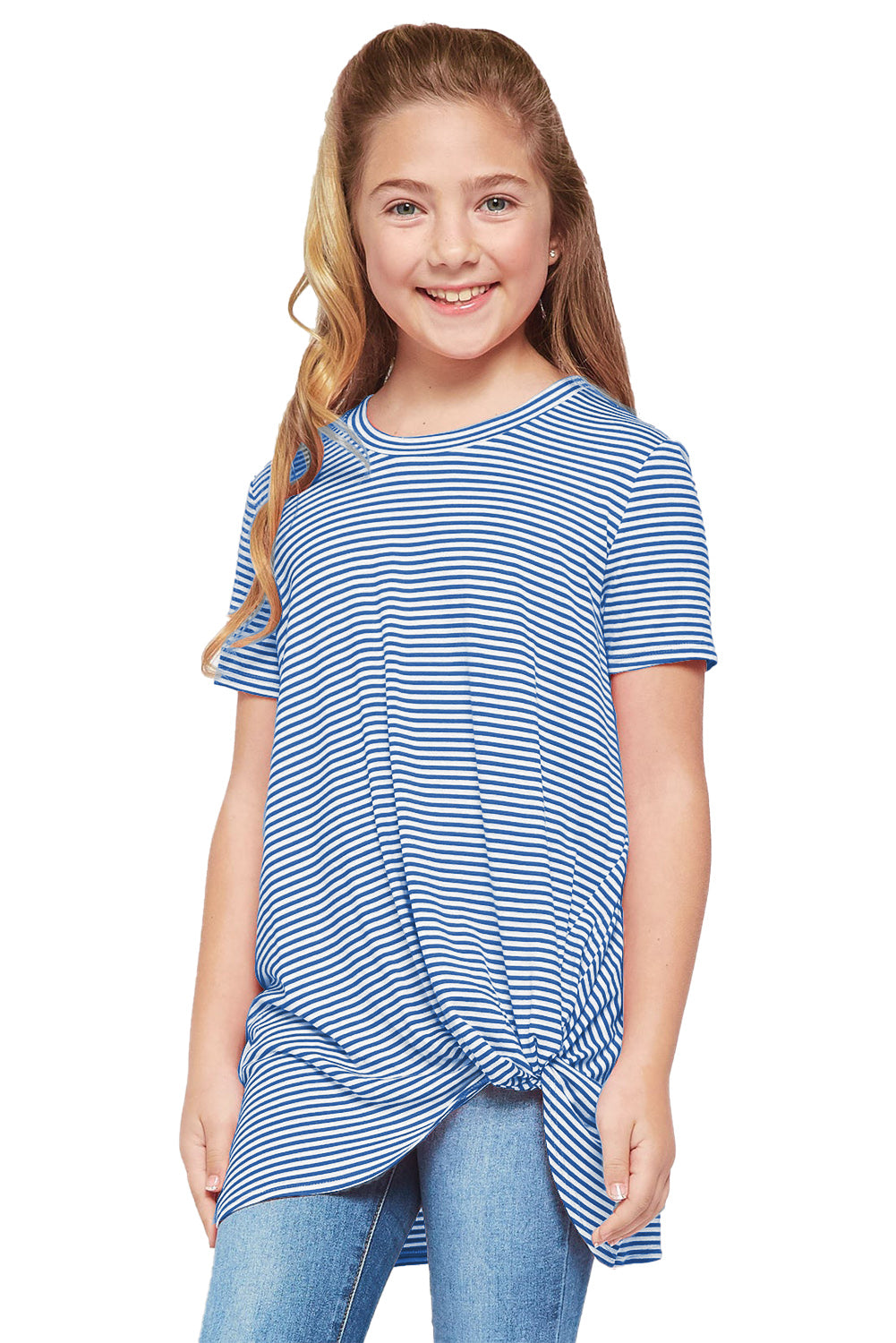 Short Sleeve Front Twist Striped Girl's Top