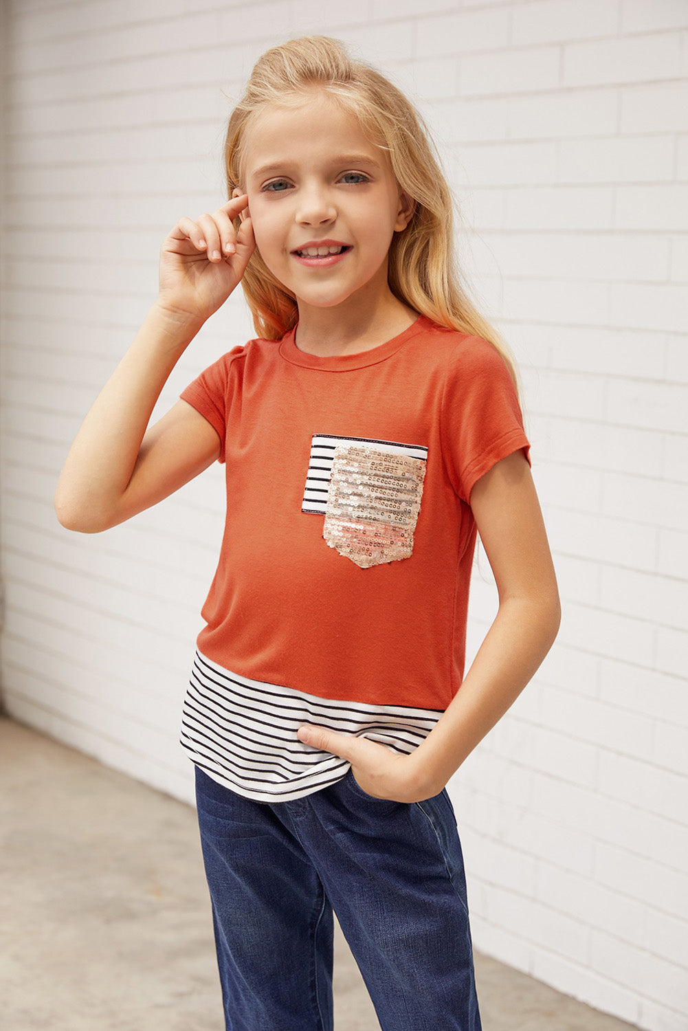 Print Splicing Stripes Girls’ T-shirt