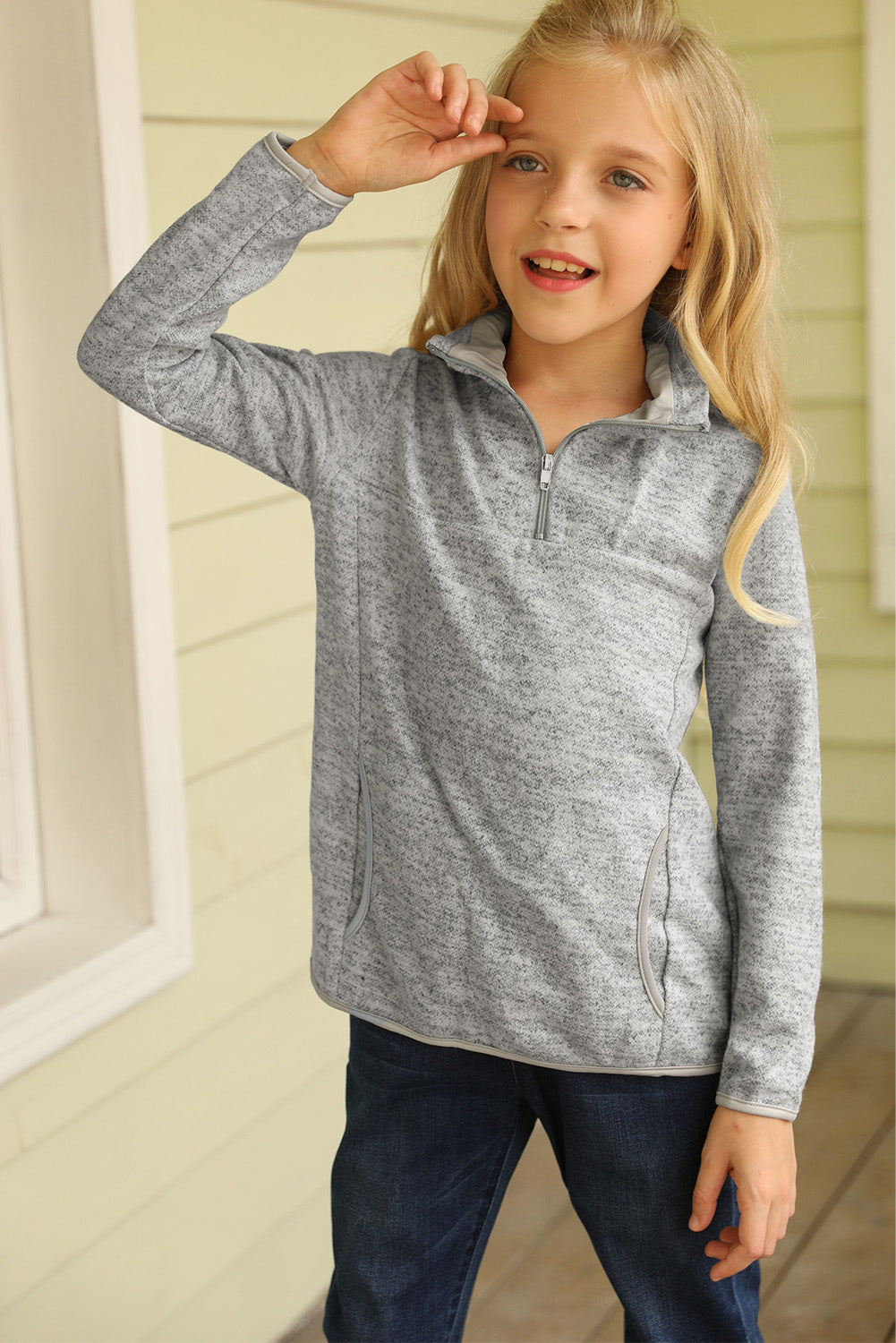 Khaki 1/4 Zipped Collar Toddlers Sweatshirt with Pocket