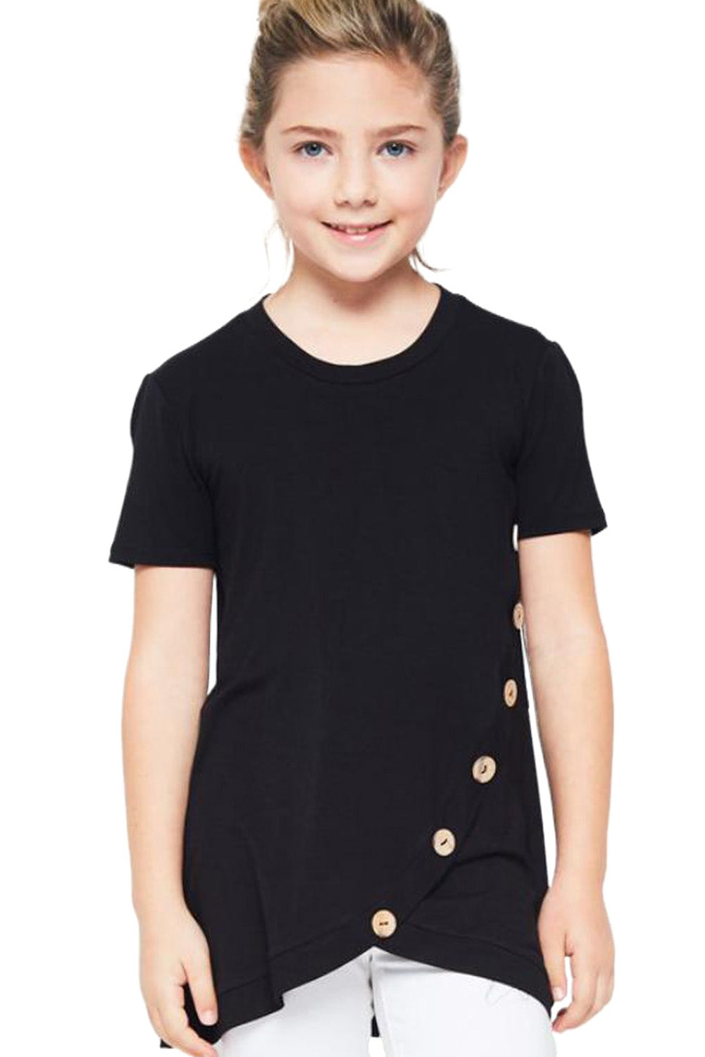 Rosy Buttoned Arched Hem Girls T-shirt