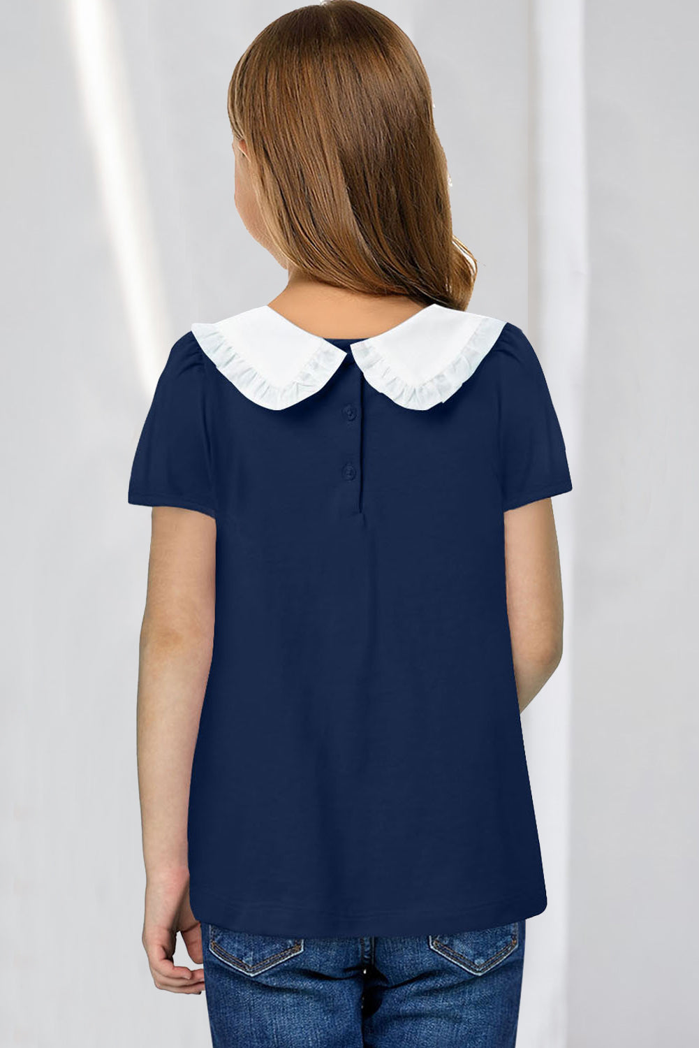 Navy Blue Little Girl Peter Pan Collar Short Sleeve Top