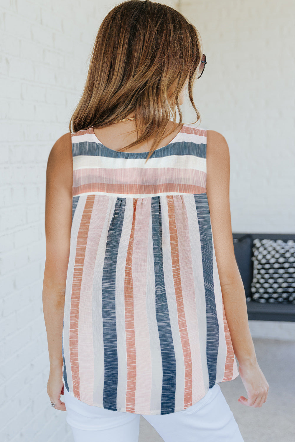 Multicolor Split V Neck Striped Print Tank Top