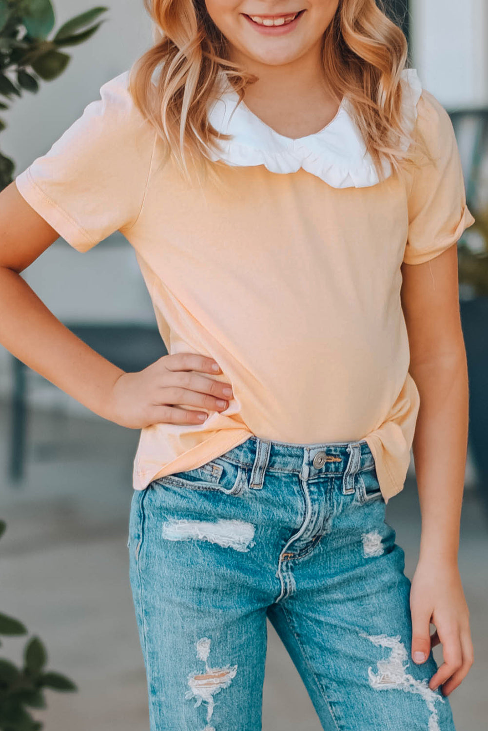 Navy Blue Little Girl Peter Pan Collar Short Sleeve Top