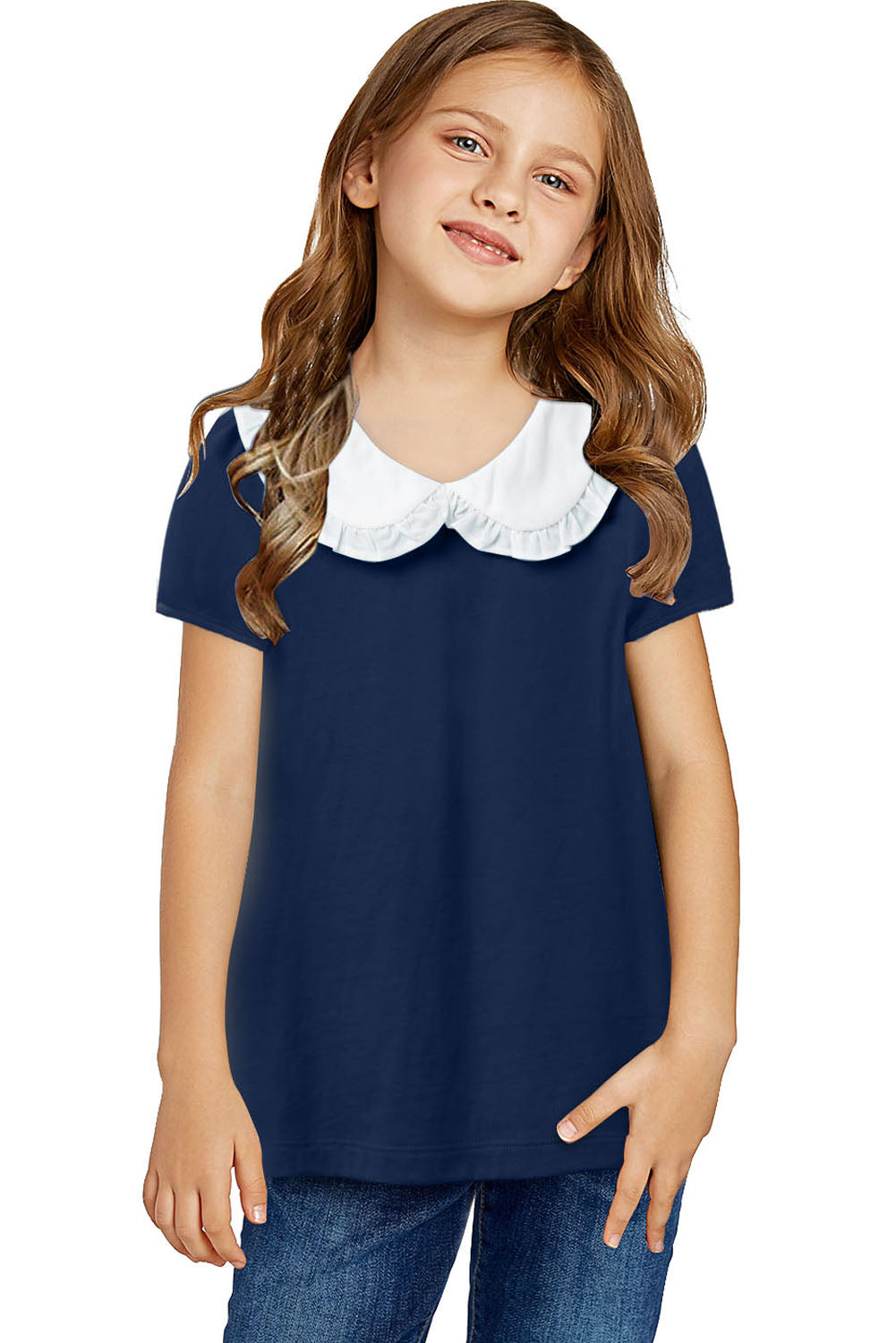 Navy Blue Little Girl Peter Pan Collar Short Sleeve Top