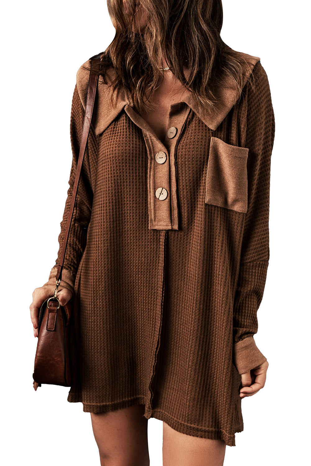 Waffle Knit Buttoned Long Sleeve Top