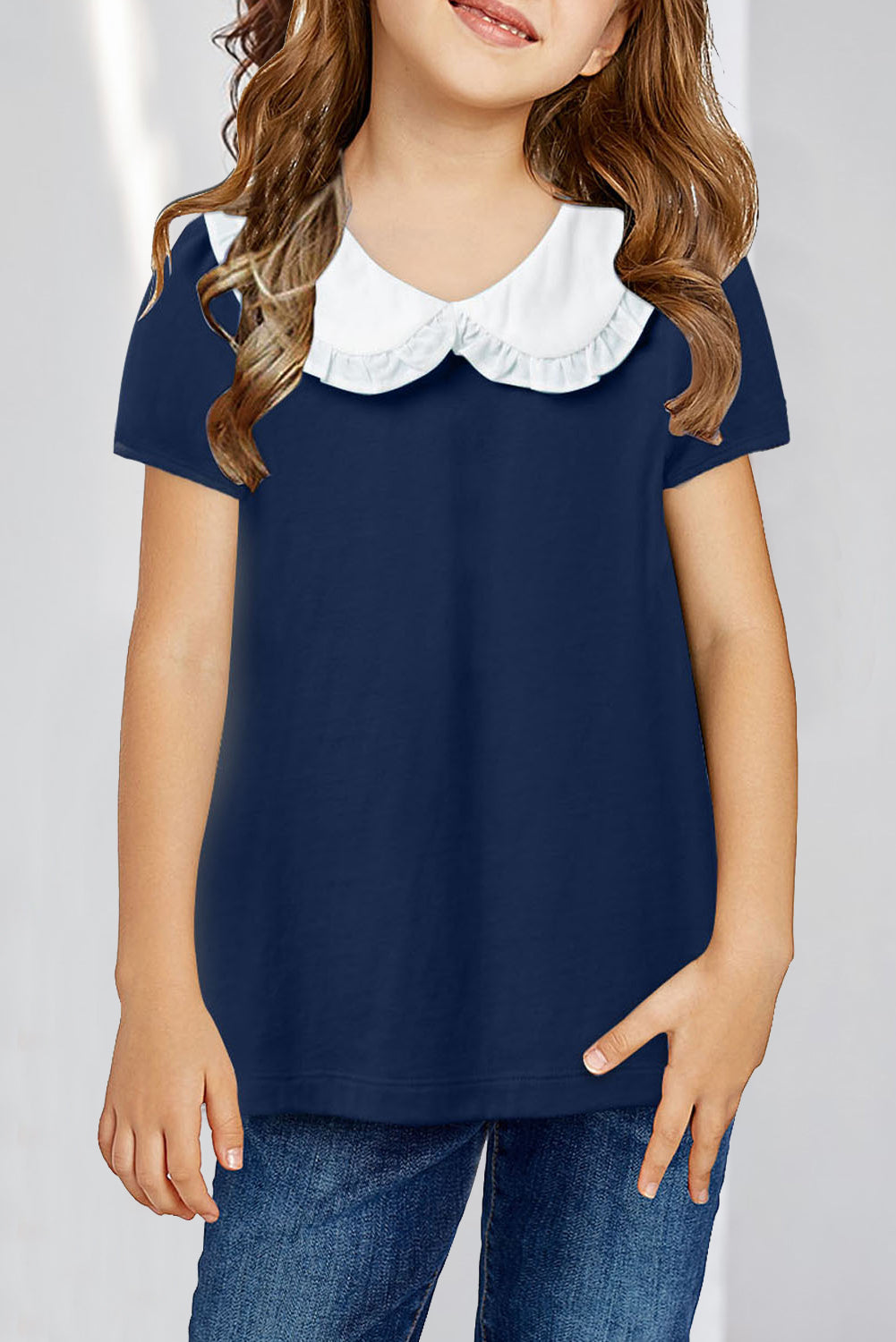 Navy Blue Little Girl Peter Pan Collar Short Sleeve Top