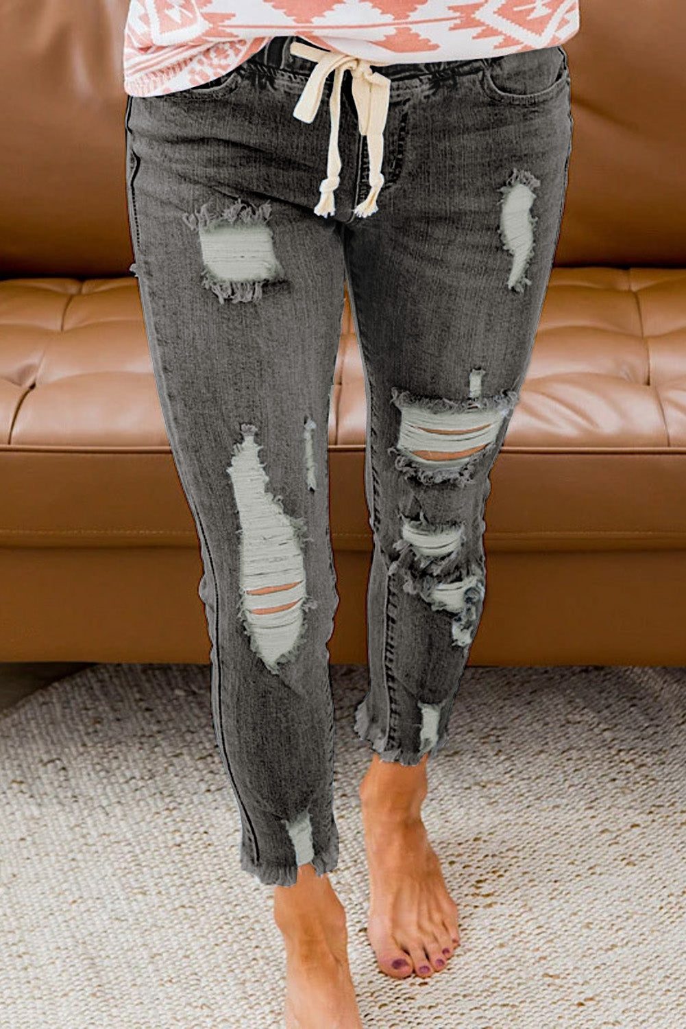 Drawstring Elastic Waist Hole Ripped Jeans