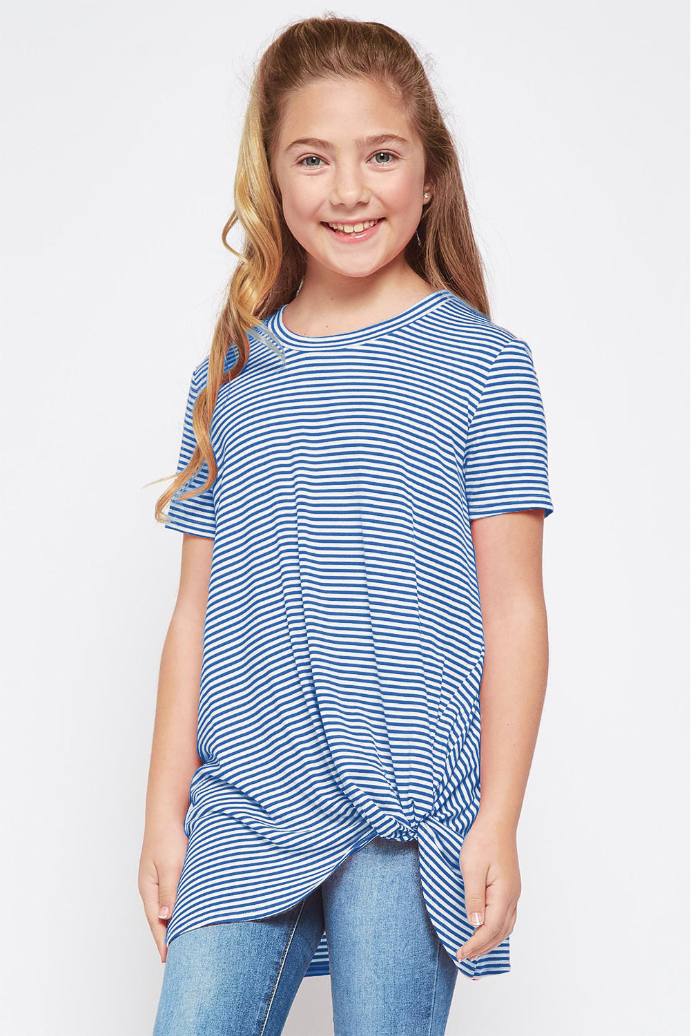 Short Sleeve Front Twist Striped Girl's Top