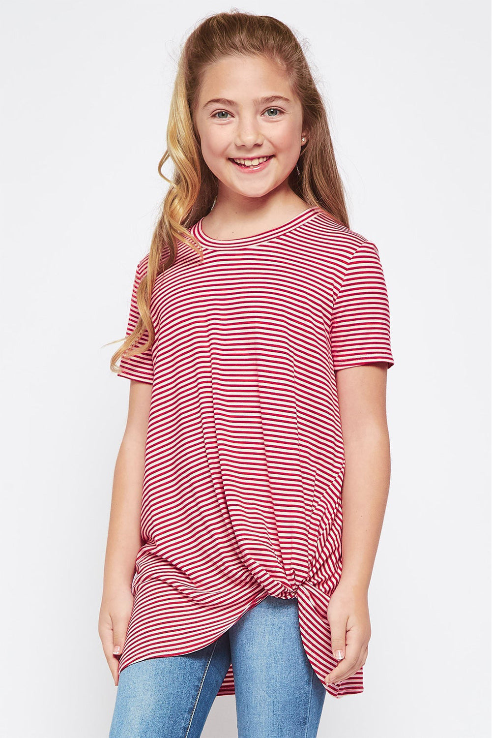 Short Sleeve Front Twist Striped Girl's Top