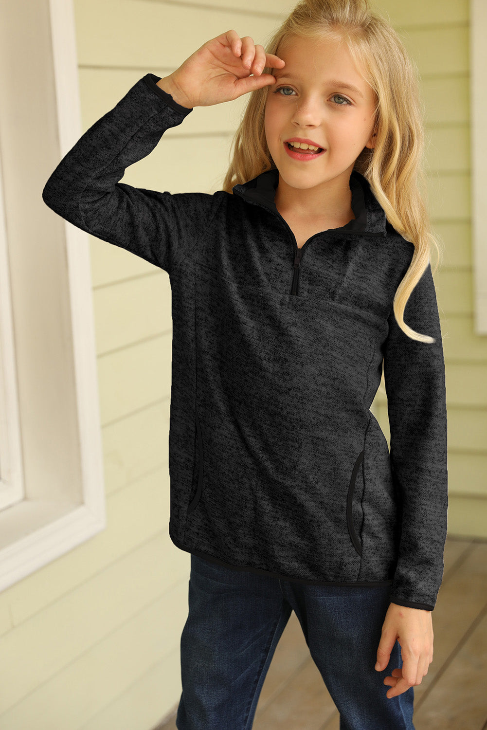 Khaki 1/4 Zipped Collar Toddlers Sweatshirt with Pocket