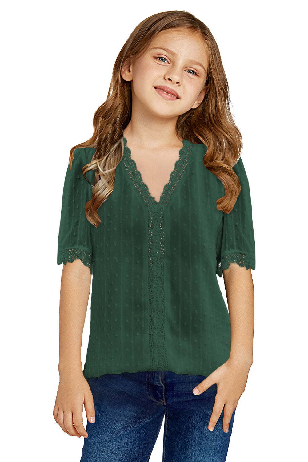 Swiss Dot Lace Short Sleeve Girls Top