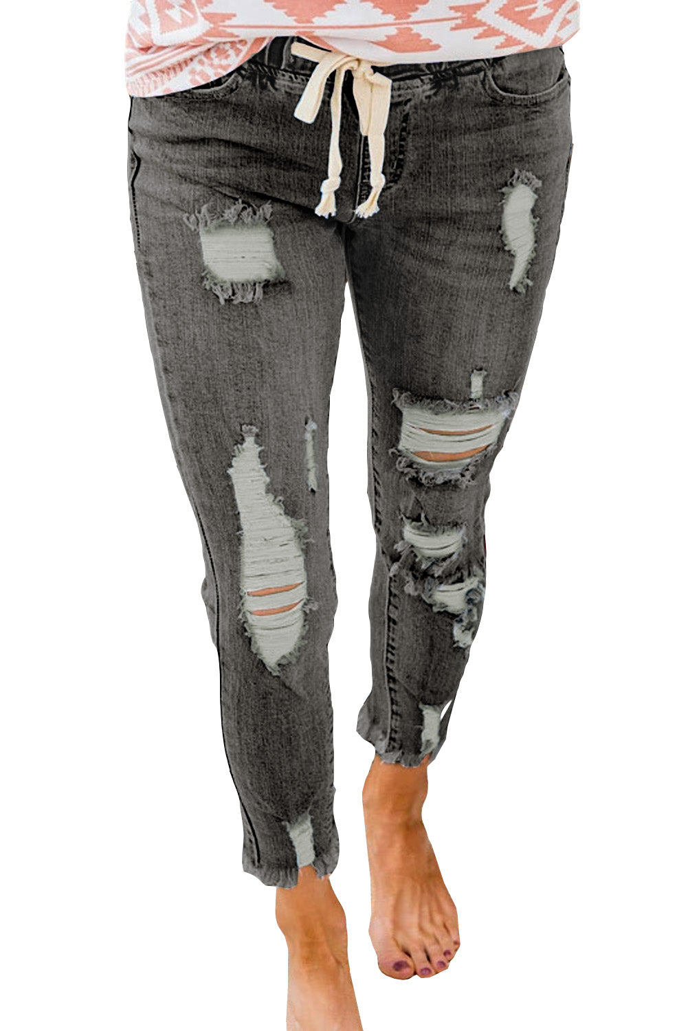 Drawstring Elastic Waist Hole Ripped Jeans