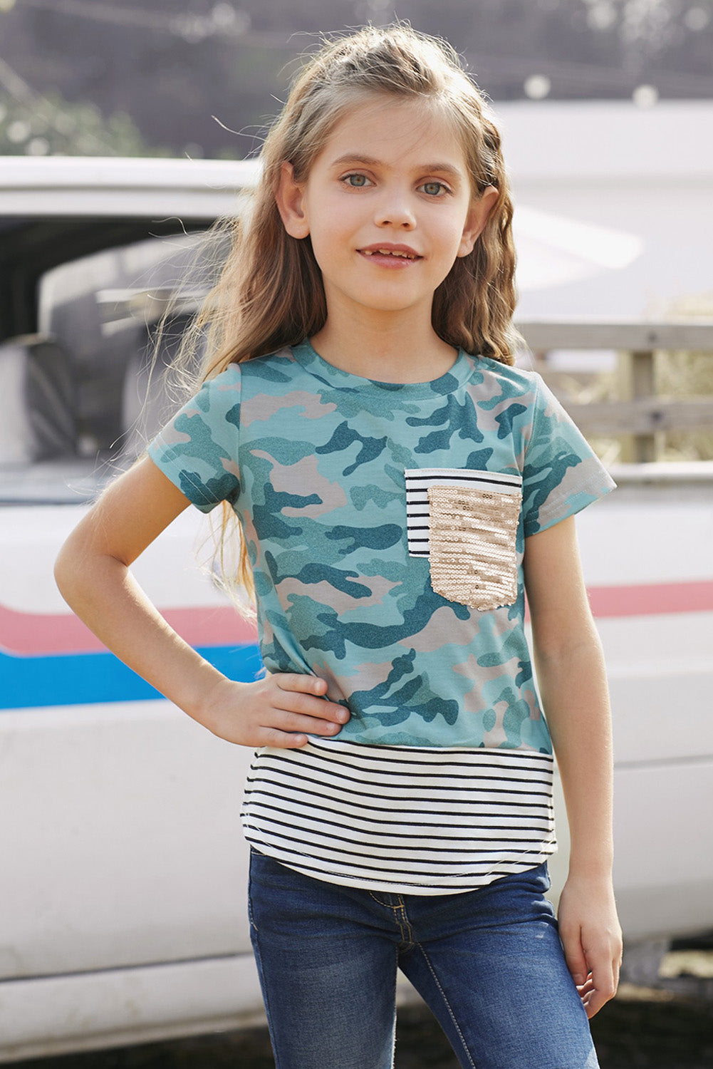 Print Splicing Stripes Girls’ T-shirt